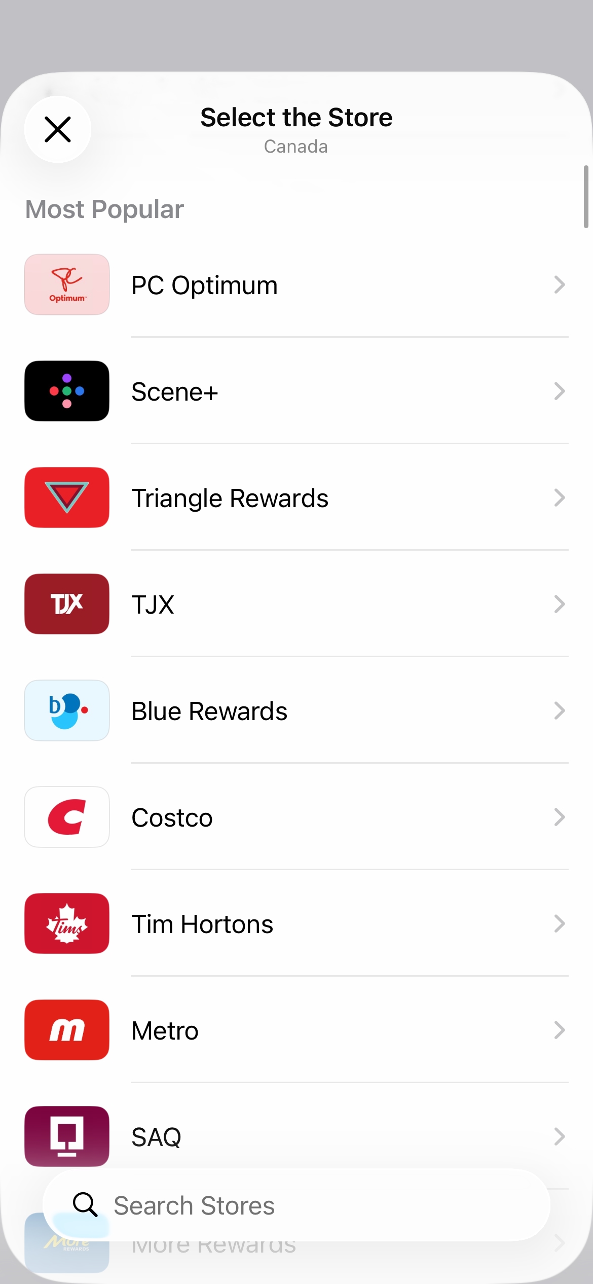My Cards brand catalogue screen